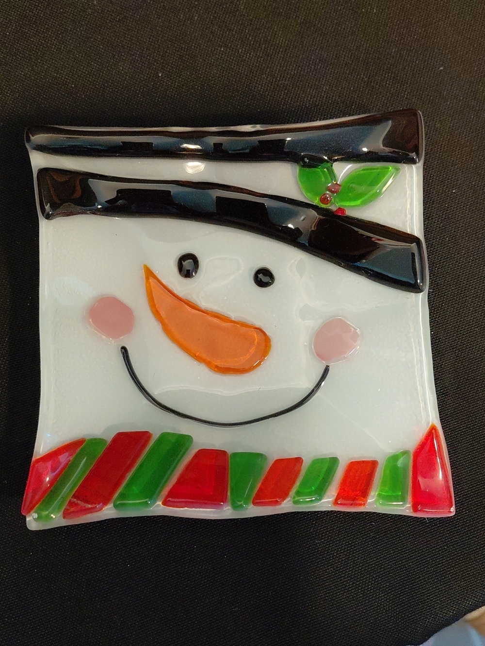 Christmas Holiday FUSED GLASS Snowman TRINKET DISH